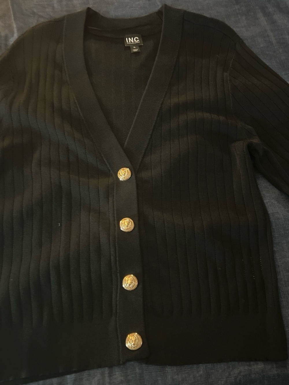 INC International Concepts Black Ribbed V-Neck Cardigan with Gold Buttons